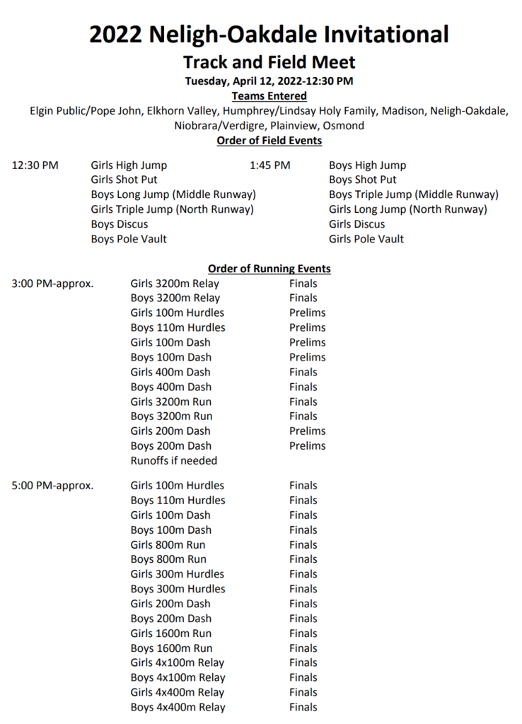 Neligh-Oakdale Track Invitational order of events