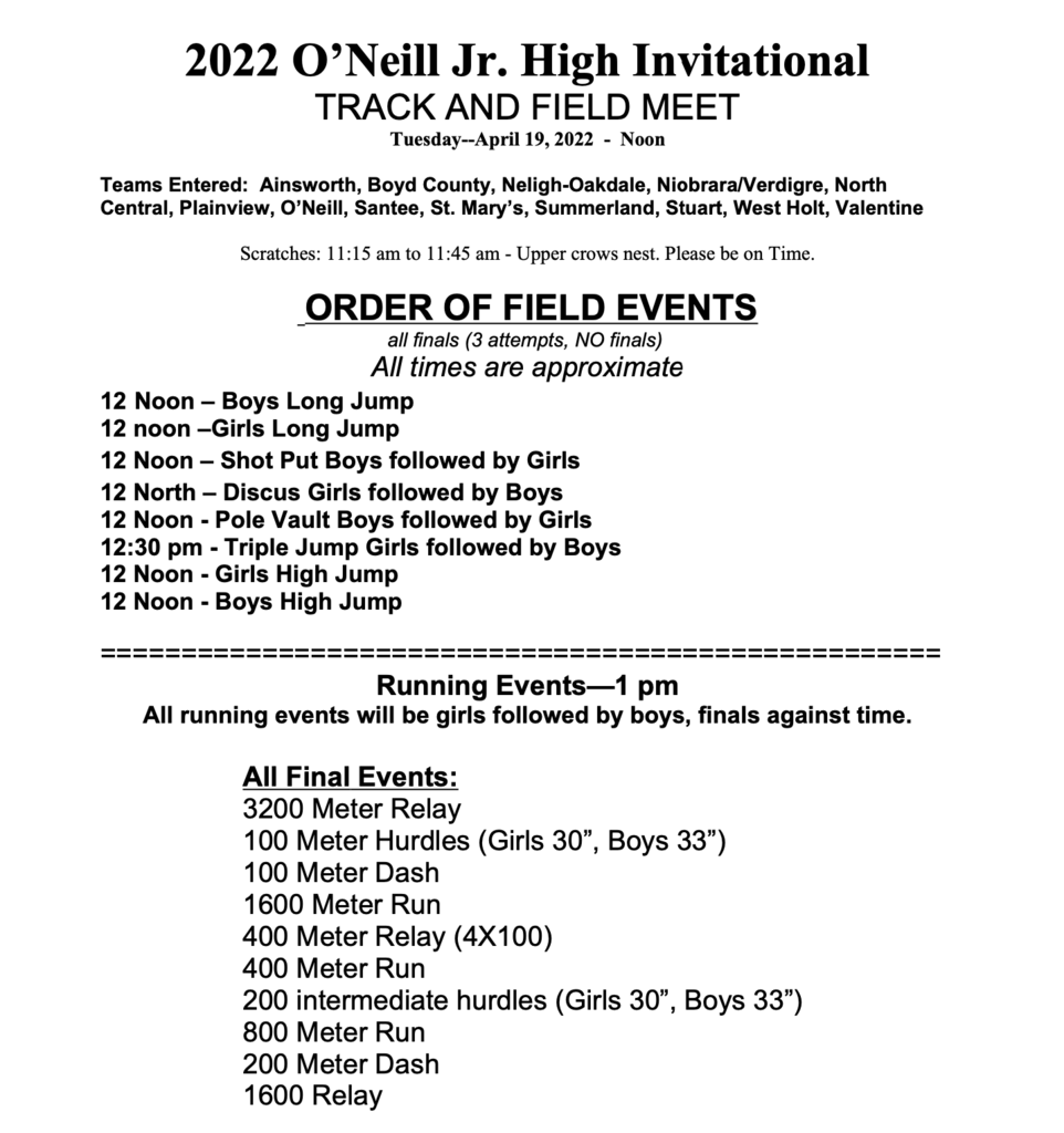 O'Neill Jr. High Track Meet Order of Events