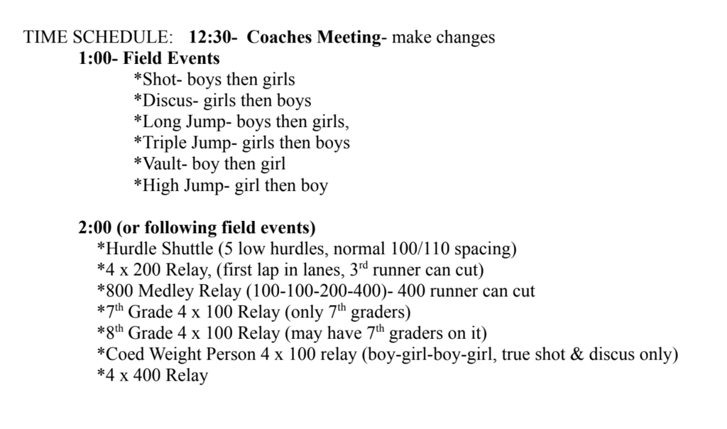 Order of events for JH Track Meet at Creighton 